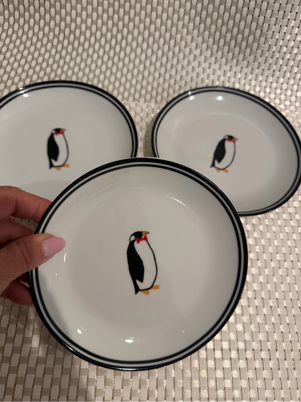 Set of 3 White Ceramic Penguin Dishes with Black Trim for wine & cheese